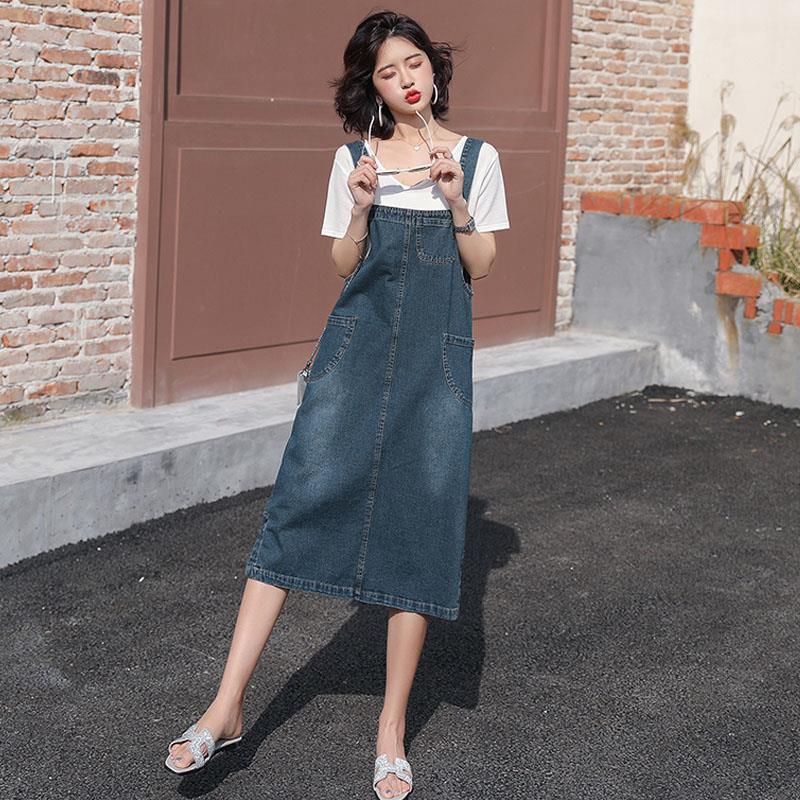 Denim Suspender Skirt Spring Summer Loose Over The Knee Mid-length Suspender Dress Thin