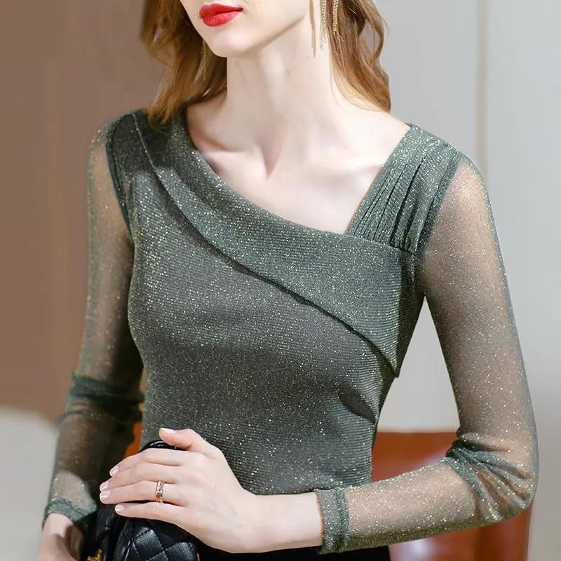 Women's Summer Long Sleeve Top Sexy V-Neck Slim Fit Mesh Bottoming Shirt