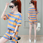 Cotton Striped Sports Suit Women Loose Round Neck Short Sleeve Tethered Shorts Two-piece Running Casual Wear Cute Home Wear Pajamas