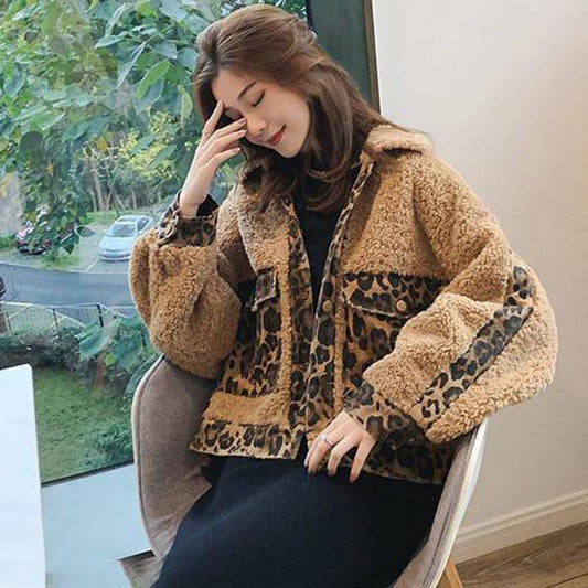 Autumn Winter Women's Loose Imitation Lambs Wool Jacket Coat Student Warmth Leopard Stitching Denim Parka