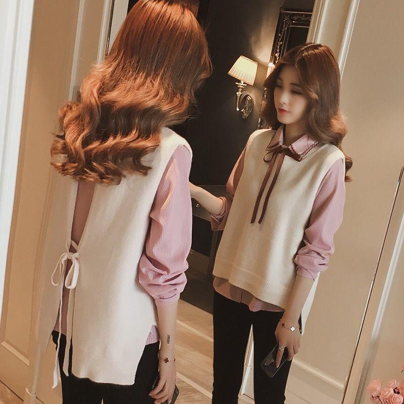 Spring and Autumn Striped Shirt Vest Two-piece Knitted Suit Vest Fashion Simple Female Sweater