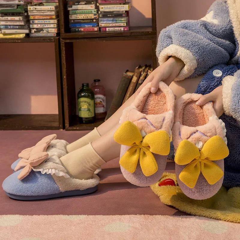 Cute Bowknot Cotton Slippers Keep Warm and Comfortable In Autumn and Winter Indoor Non-slip