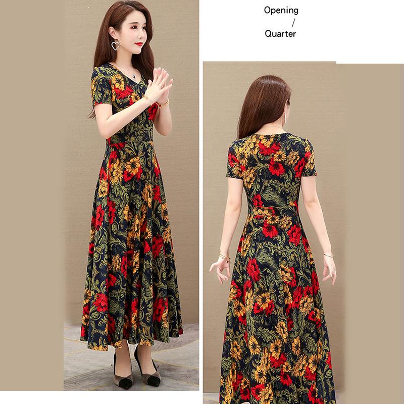Summer Women's Short-sleeved Women's Dress V-neck Printed Long Dress Slim Fit Thin Large Swing Dress A-line Waist Dress Rice Fabric Is Soft and Light