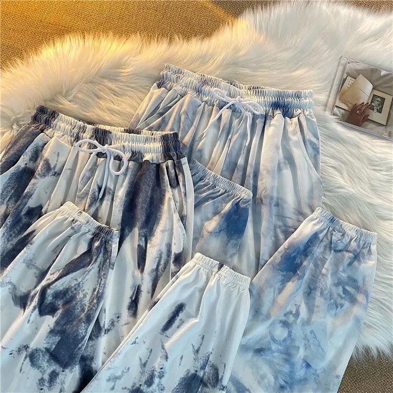 Women Spring Summer Long Pants Vintage High Waist Casual Pants Elastic Waist Loose Versatile Streetwear Tie Dyed Jogger Pants