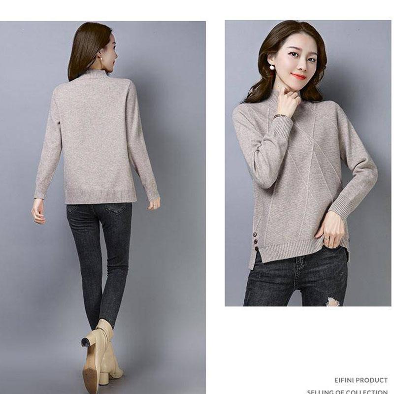 Women Half turtleneck Sweater Pullover Long Sleeve chic female loose Knitted Sweaters with buttons