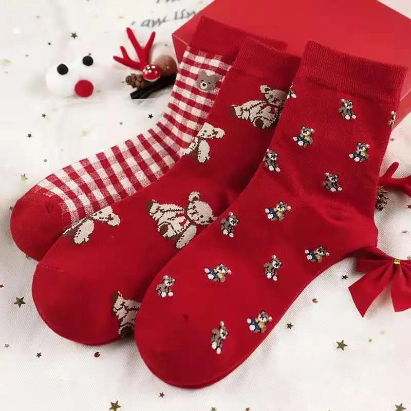 Socks Winter Christmas Elk Tree Pattern Thicken Warm Women's Red Pure Cotton Cute Stockings