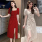 High-end Fabric Puff-sleeved Slit Dress  Square Collar  Open Back, Long-sleeved Waist  Slit Suit Skirt