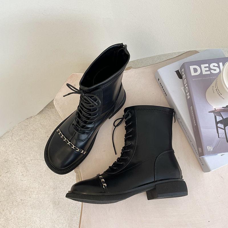 Thick-heeled Martin Boots Women's 2021 Summer British Style Retro Round Toe Short Boots Metal Chain Motorcycle Boots