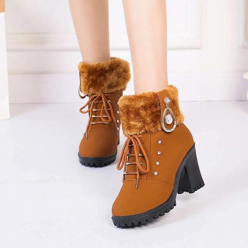 Women's Boots High Heels Winter Shoes Black Brown Fur Boots Plush Warm Snow Boots Ankle Booties Square Heel Boots 35-41