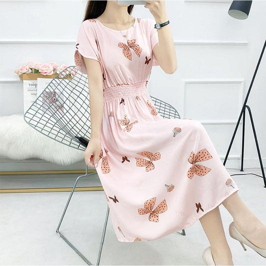 Ethnic Style Cotton Silk Floral Dress Seaside Holiday Fairy Skirt Large Print Mid-length Skirt