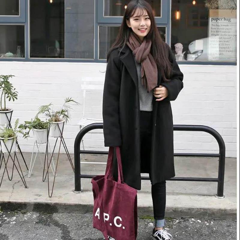 Woolen Coat Women Autumn and Winter Loose Mid-length Black Thick Woolen Coat