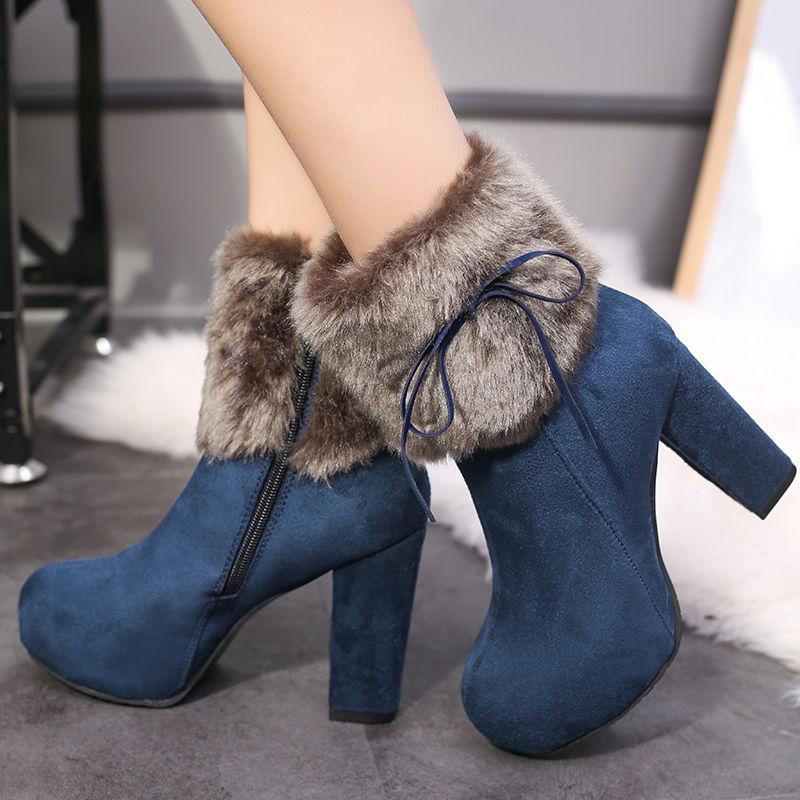 Winter Snow Boots High Heels Thick Bottom Middle Boots Cotton Shoes Black Plush Ladies Boots Women
