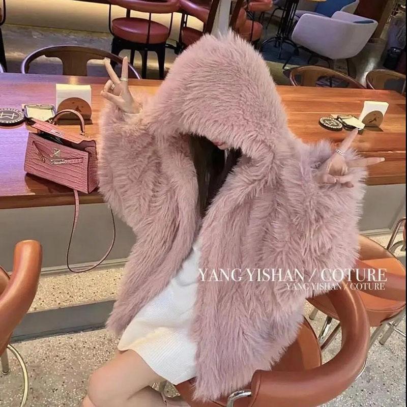 Winter Women's Fox Fur Mid-length Fur Collar Jacket Thick Faux Fur Hooded Jacket Korean Mid-length Mink Fur Plush Jacket