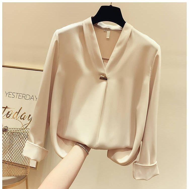 White Shirt Temperament Was Thin V-neck Long-sleeved Loose Solid Color Shirt Female Super Fairy Blouse Work Clothes Suit with Shirt
