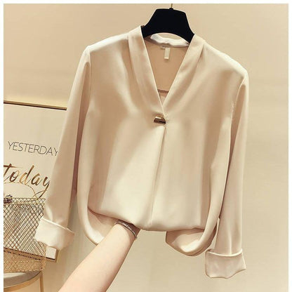 White Shirt Temperament Was Thin V-neck Long-sleeved Loose Solid Color Shirt Female Super Fairy Blouse Work Clothes Suit with Shirt