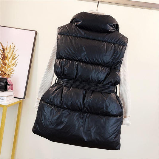 Padded Winter Vest Sleeveless Down Jackets Elegant Tie Belt Women Parkas Coats Black Beige Stand Collar Zipper Jackets and Coat