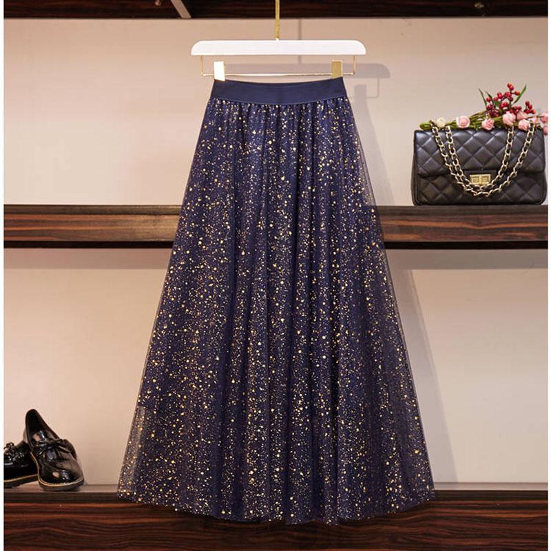 Plus Size Skirt Set Summer Sequin T-shirt Mesh Gown Sparkling Long Skirt Two-piece Suit