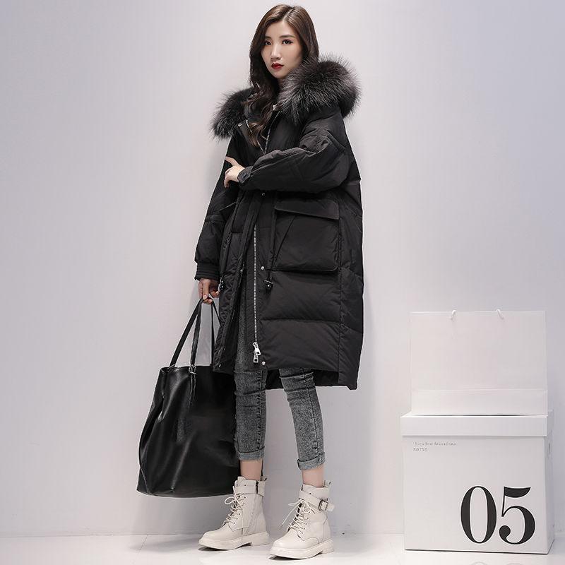 Winter All-match Mid-length Down Jacket Women's Hooded White Duck Down Real Big Fur Collar Jacket Thickened Warmth