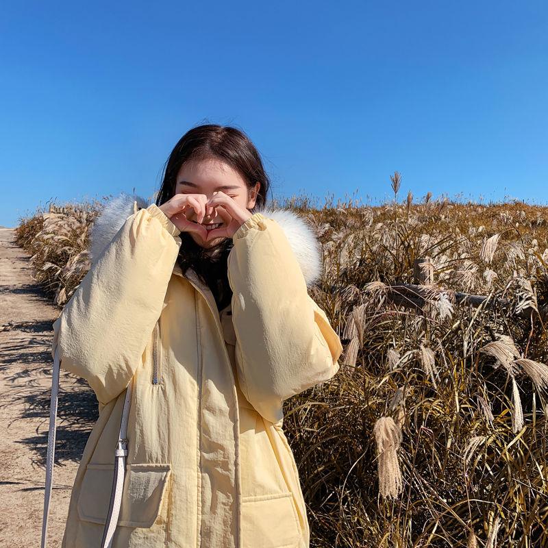 High-quality Cotton-padded Jacket Women Winter Korean Style Loose Hooded Goose Yellow Mid-length Large Fur Collar Cotton Jacket