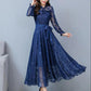 Spring and Autumn Blue Long Sleeve Floral Chiffon Dress Close Waist Show Thin Age Temperament Large Swing Long Skirt Women
