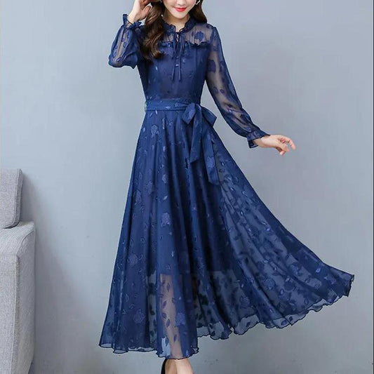 Spring and Autumn Blue Long Sleeve Floral Chiffon Dress Close Waist Show Thin Age Temperament Large Swing Long Skirt Women