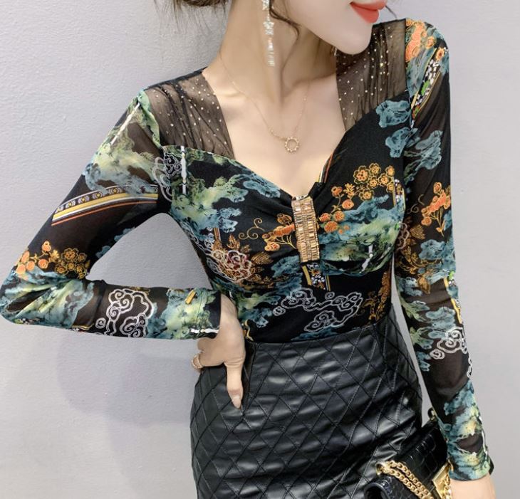 Sexy Mesh Bottoming Shirt Drill Design Sense Long Sleeve Women's Top V-Neck Slim Fit Plus Size Women's Clothing