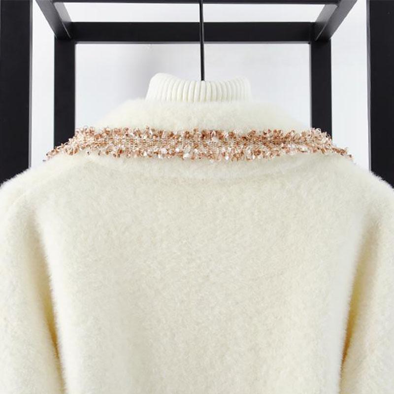 Autumn and Winter Korean Style Suit Collar Embroidery Loose Knit Jacket with Diamonds and Beaded Warm Sweater Cardigan