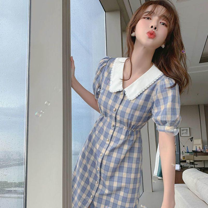 Ladies Dress Blue Plaid Sweet and Cute Fresh Doll Collar Slim and Thin French Retro Jumpsuit Chiffon Skirt Fabric Light and Breathable