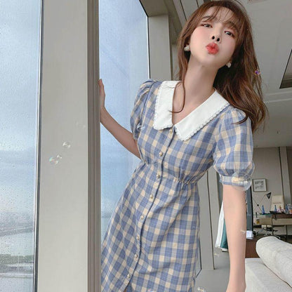 Ladies Dress Blue Plaid Sweet and Cute Fresh Doll Collar Slim and Thin French Retro Jumpsuit Chiffon Skirt Fabric Light and Breathable