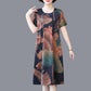 Large Short-sleeved Dress Middle-aged and Elderly Mothers Summer Mid-length Round Neck Print Loose Belly Cover