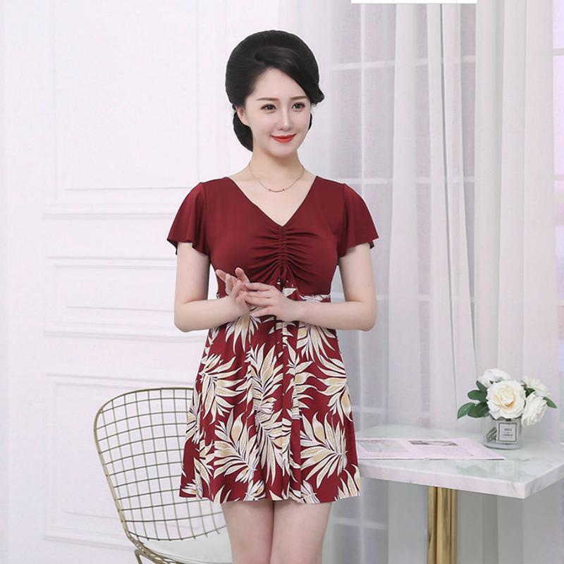 Women's Conservative Swimsuit V-Neck Pleated Collar Lotus Leaf Sleeves Flower Printed Beachwear Covers Belly Thin Loose Large Size Swimwear