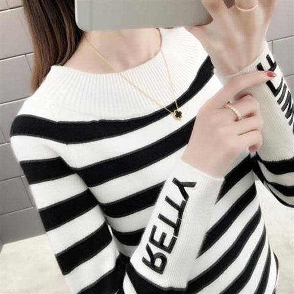 Striped Pattern Sweater Knit Slim Pullover Top for Autumn and Winter Women's Bottoming Shirt