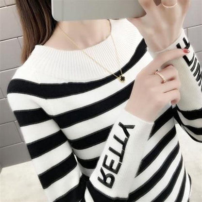 Striped Pattern Sweater Knit Slim Pullover Top for Autumn and Winter Women's Bottoming Shirt