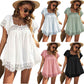Summer Solid Color Casual Lace Shirt European and American Ladies Loose All-match U-neck Short-sleeved Top