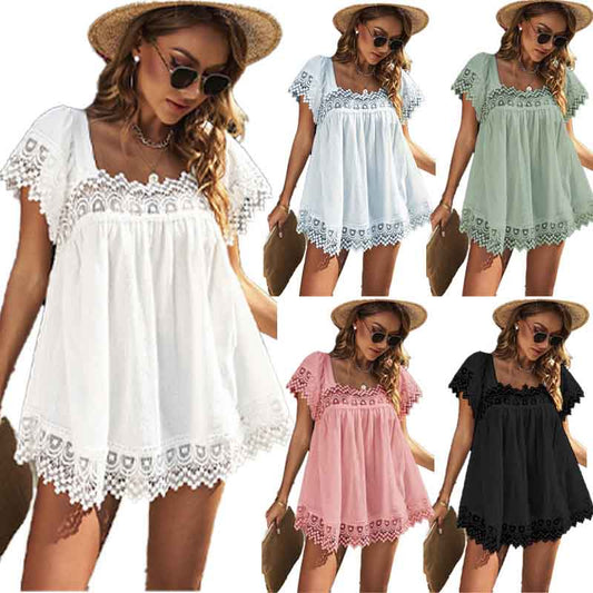 Summer Solid Color Casual Lace Shirt European and American Ladies Loose All-match U-neck Short-sleeved Top