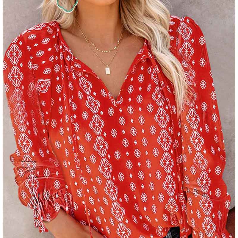 Summer Shirt Women's Broken Flower Print Chiffon Shirt V-neck Long-sleeved T-shirt Women