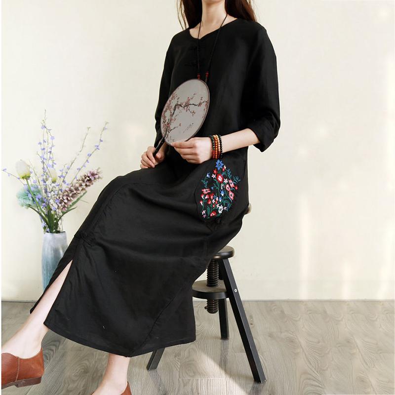 Retro Ethnic Style Cotton and Linen Embroidered Dress Long Full Length Buckle Loose Chinese Style