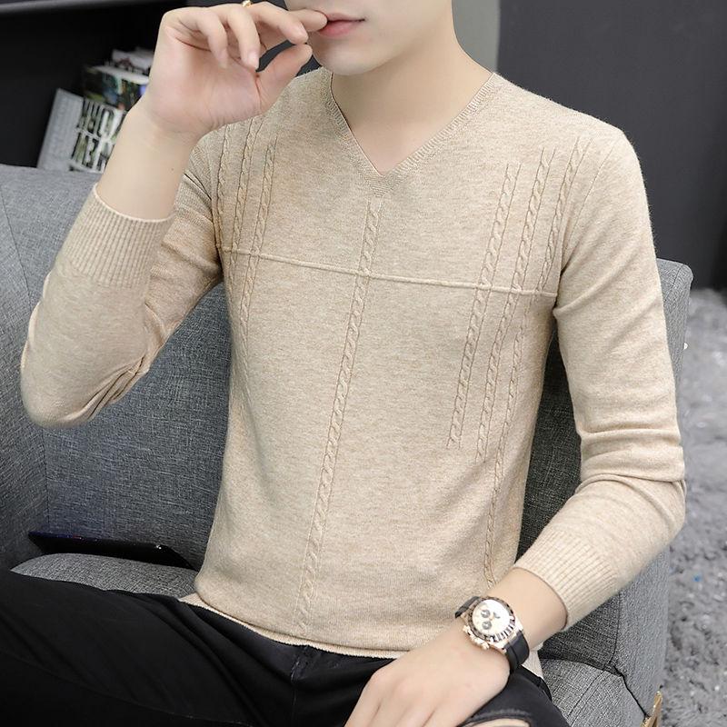 V-neck Sweater Men's Slim Type Autumn and Winter Bottoming Shirt Thin Section Korean Low-neck Sweater Seamless Sweater
