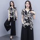 Suit Printed Chiffon Shirt Summer Temperament Casual Suit V-neck Short Sleeve Shirt + Loose Wide Leg Pants Lightweight