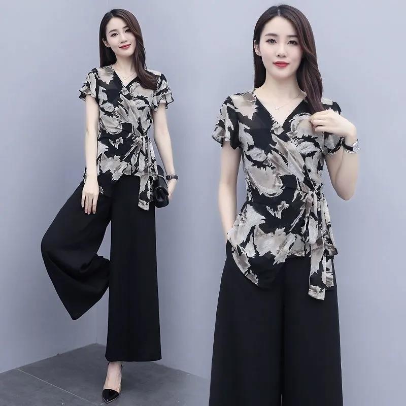 Suit Printed Chiffon Shirt Summer Temperament Casual Suit V-neck Short Sleeve Shirt + Loose Wide Leg Pants Lightweight