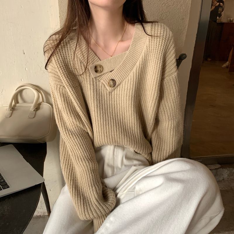 Women's V-neck Sweater Autumn and Winter Loose Outer Wear Lazy Style Solid Color Knit Sweater Pullover Mid-length Top
