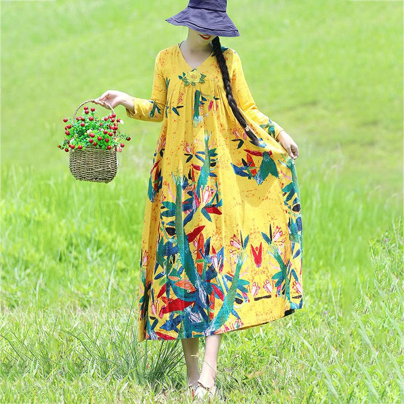Ethnic Style V-neck Embroidery Long-sleeved Dress Bohemian Style Spring and Autumn Large Size Loose Middle Calf Length