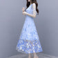 Women's Embroidery Blue Dress Super Fairy Long Fairy Skirt High-end Mesh Skirt Chiffon A-line Floral Dress Fabric Lightweight and Breathable