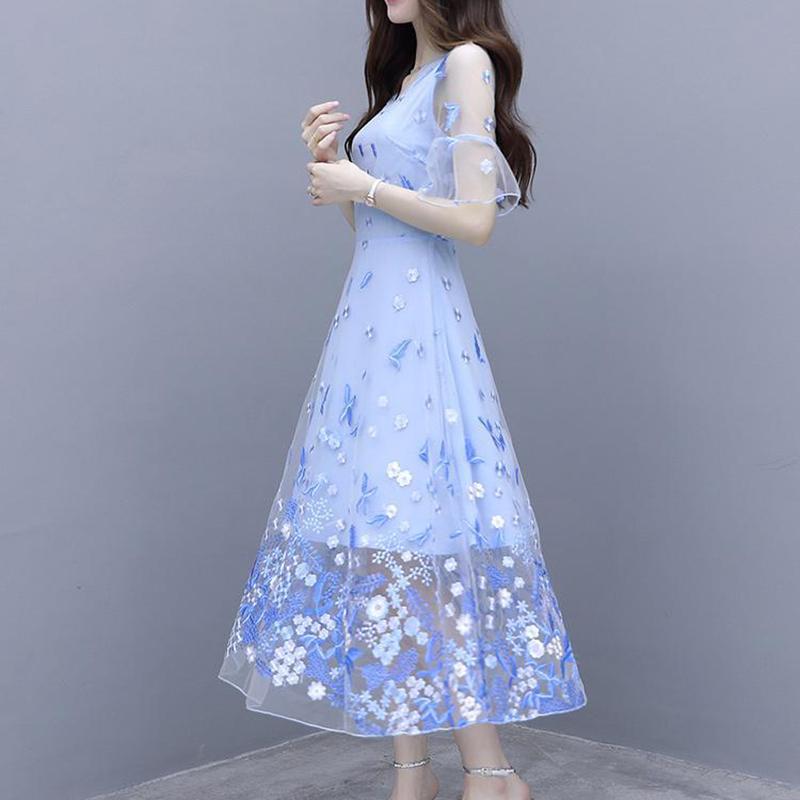 Women's Embroidery Blue Dress Super Fairy Long Fairy Skirt High-end Mesh Skirt Chiffon A-line Floral Dress Fabric Lightweight and Breathable