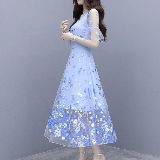 Women's Embroidery Blue Dress Super Fairy Long Fairy Skirt High-end Mesh Skirt Chiffon A-line Floral Dress Fabric Lightweight and Breathable