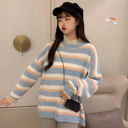 Pofulove Women's long sleeve sweater women Mori Sweet and Cute Stripe Korean Simple Loose