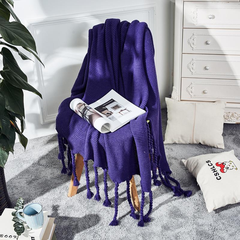 Nordic Plain Knitted Blanket Fringed Sofa Blanket Coarse Thread Nap Blanket