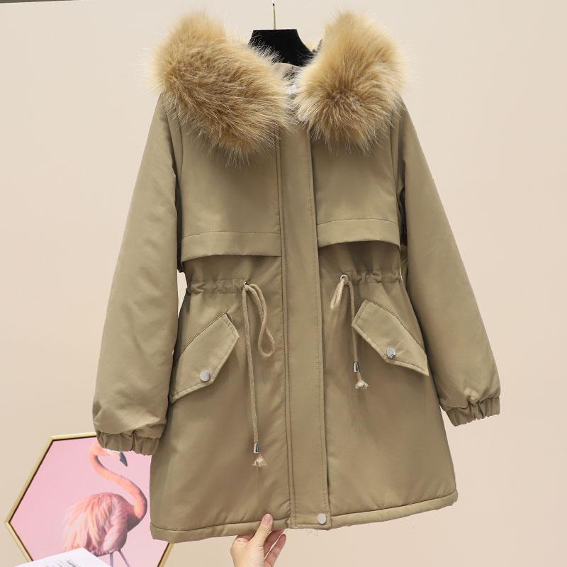 Imitation Hair Parker Overcoming Women's Mid-length Plus Velvet Thick Hooded Waist Waist Tooling Cotton-padded Jacket
