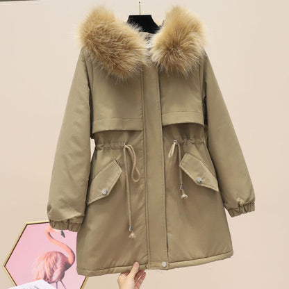 Imitation Hair Parker Overcoming Women's Mid-length Plus Velvet Thick Hooded Waist Waist Tooling Cotton-padded Jacket