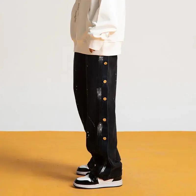 Autumn and Winter Black Buffet Jeans Female BF Wind Hip Hop Loose Straight High Street Splashing Wide Legs Tide